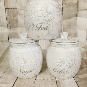 White Marble Kitchen Canisters, Tea Coffee Sugar Jars, Sugar Pot, Coffee Pot, Tea Caddie Caddy, White Silver Marble Effect, Kilner Retro Jar