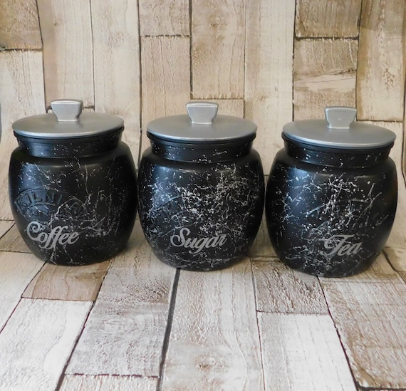 Tea Coffee Sugar Kitchen Canisters Black Silver Marble Effect