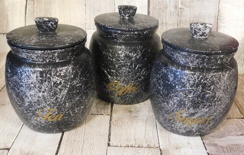 Black Marble Kitchen Canisters Tea Coffee Sugar Jars Sugar Etsy