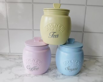 Botes de cocina en tonos pastel, rosa, azul, amarillo, para té, café y azúcar, azucarero, cafetera, caja de té, tarros retro Kilner, regalo para el hogar