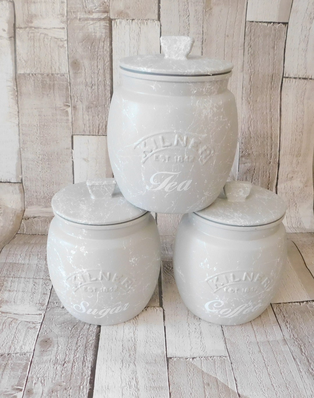 Grey & White Marble Kitchen Canisters, Tea Coffee Sugar Jars, Sugar Pot