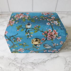 Birds and Cherry Blossom Jewellery Box, Birds Trinket Box, Memory keepsake wooden box, Blue Birds