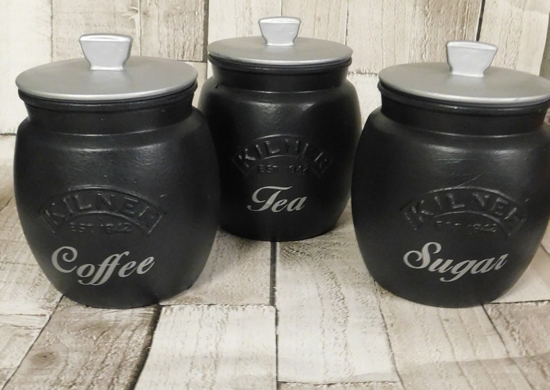 Black Silver Kitchen Canisters Tea Coffee Sugar Jars Cookie Etsy