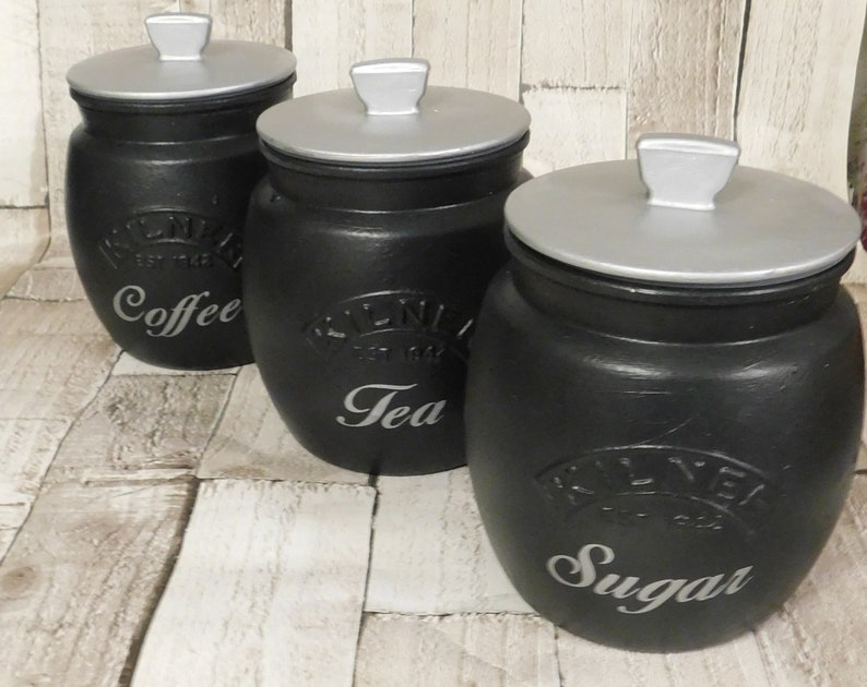 Black Silver Kitchen Canisters Tea Coffee Sugar Jars Cookie Etsy