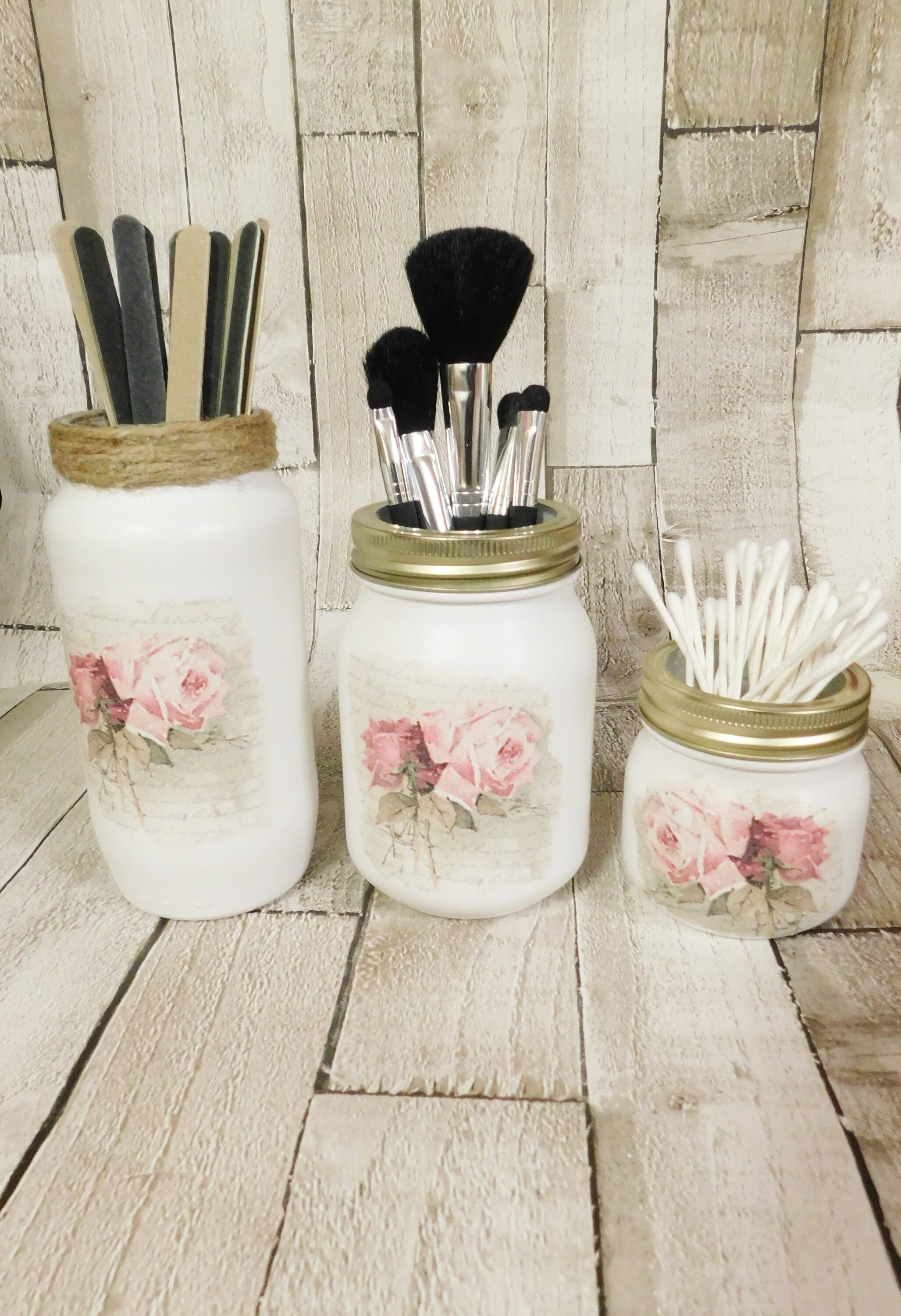 White Vintage Rose Make up Jars Mason Jars Make up Brush Etsy UK