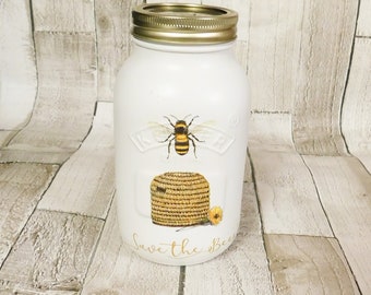 Jarrón Kilner con decoupage Save The Bees: jarrón pintado y portapinceles