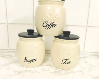 Botes de cocina color crema y negro, tarros para té, café y azúcar, tarro para galletas, barril para galletas, tarro para utensilios, tarro retro Kilner, regalo para el hogar