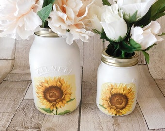 Painted Sunflower Kilner Jar Vase: Decoupage Table Centerpiece