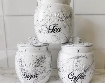 White Marble Kitchen Canisters, Tea Coffee Sugar Jars, Sugar Pot, Coffee Pot, Tea Caddie Caddy, White Black Marble Effect, Kilner Retro Jar