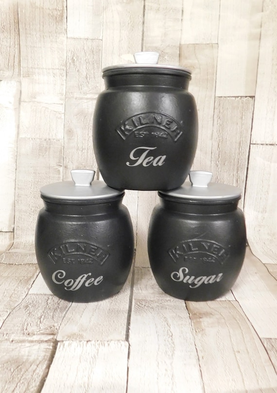 Black Silver Kitchen Canisters, Tea Coffee Sugar Jars, Cookie Jar