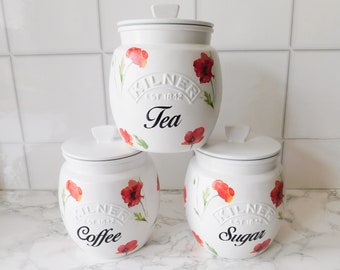 Poppies Kitchen Canisters, Poppy Tea Coffee Sugar Jars, Cookie Jar, Biscuit Barrel, Utensil Jar, White or Black Lids, Kilner Retro Jar