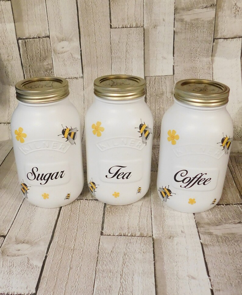 White Bee Kilner Canister Jars, Tea Coffee Sugar Jars, Set of 3, Kitchen Storage Jars, Bees, Flowers,  Kilner Jars, Mason Jars, Bumble Bee 