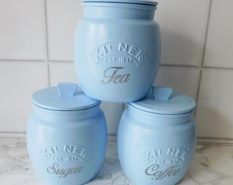 Pastel Blue Kitchen Canisters, Tea Coffee Sugar Jars, Cookie Jar, Biscuit Barrel, Utensil Holder, Home Gift