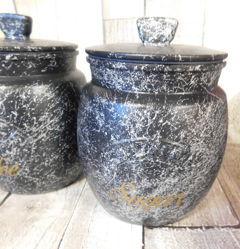 Black Marble Kitchen Canisters Tea Coffee Sugar Jars Sugar Etsy