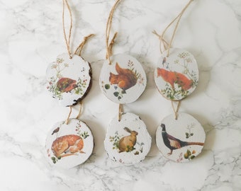 Autumn Animals Wood Slice Christmas Ornaments: Handpainted Set of 6