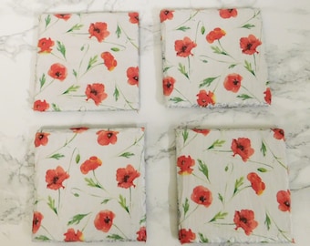 Posavasos de pizarra con diseño de amapola: posavasos rústicos con motivos florales