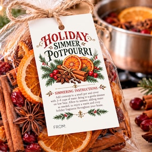 May include: A clear plastic bag filled with dried orange slices, cinnamon sticks, star anise, and red berries. A white tag tied with twine reads Holiday Simmer Potpourri and includes simmering instructions with a space to write from.