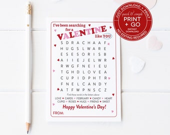 Printable Word Search Valentine, Classroom Valentines, School Valentine, Valentine's Day Card, No Editing Required, Just Download and Print