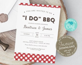 May include: A printable invitation for a couples shower with a red and white gingham pattern. The invitation says "You are invited to an 'I Do' BBQ Couples Shower Honoring Beatrice & James" with the date and time of the event. The invitation also includes the address and RSVP information. The invitation is personalized with the text "Personalize with Corjl" and "DIY Printable Instant Download edit with corjl Self Edit + Print at Home".