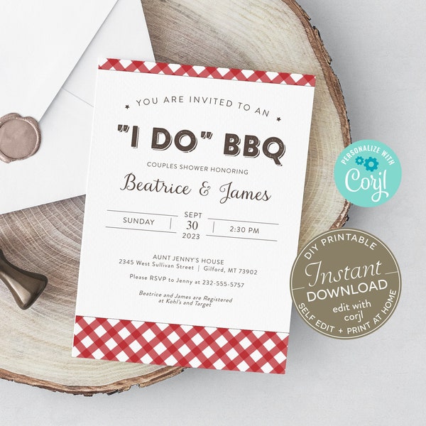 Printable I Do BBQ Invitation, Couples Shower BBQ, I Do Barbeque Invite, Red Plaid Invitation, Edit with Corjl, Download and Print at Home