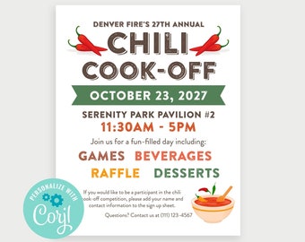 Printable Chili Cook-Off Flyer, Create Your Own Flyer, White BG, Chili Cook-Off Announcement, Edit Online with Corjl, Edit & Print Quickly