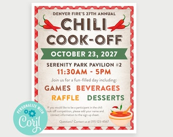 May include: A red and white chequered poster with a green banner announcing the Denver Fire's 27th Annual Chili Cook-Off on 23 October 2027 at Serenity Park Pavilion #2 from 11:30 AM to 5 PM. The poster includes details about games, beverages, raffle, and desserts. It also includes a red chili bowl with a wooden spoon.