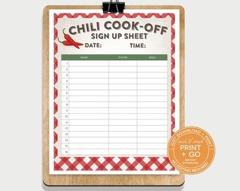 Printable Chili Cook-Off Sign Up Sheet, Cook Off Participant Sign Up, NO EDITING Required, Just Download & Print