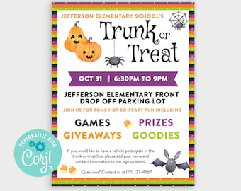 Printable Trunk or Treat Flyer, Halloween Flyer, Trick or Treat Sign, Edit Online with Corjl, Download and Print Quickly