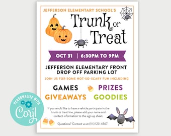 Printable Trunk or Treat Flyer, Halloween Flyer, Trick or Treat Sign, White Background, Edit Online with Corjl, Download and Print Quickly