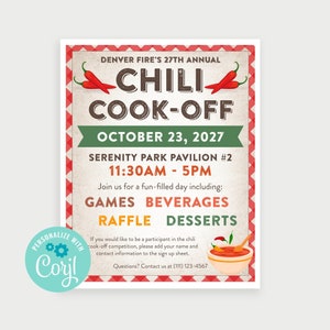 Printable Chili Cook-Off Flyer, Create Your Own Flyer, Chili Cook-Off Announcement, Edit Online with Corjl, Download and Print Quickly