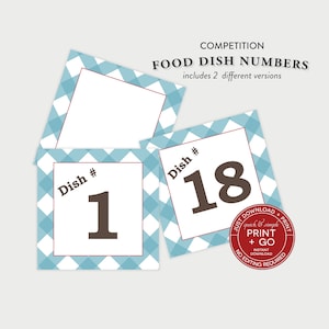 May include: Two printable food dish number cards with a blue and white checkered pattern. The cards have the text "Dish #" and the numbers "1" and "18" in brown text. The cards are part of a competition set and are designed for quick and simple printing.