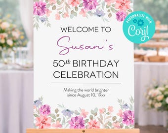 50th Birthday Party Welcome Sign Printable, Birthday Party Welcome Sign, Editable Milestone Birthday Decor, Event Sign PDF, PUFL