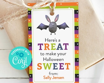 Étiquette-cadeau d'Halloween chauve-souris mignonne étiquette de sac de friandises imprimable pour Halloween des bonbons ou un sort étiquette cadeau étudiant enfants étiquette de fête d'Halloween, modifiable Corjl