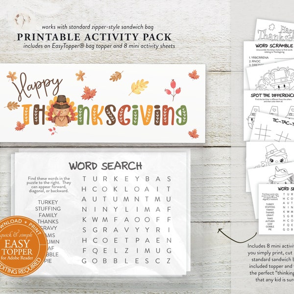 Printable Thanksgiving Activity Coloring Pack for Kids, Thanksgiving Favor, Thanksgiving Treat Bag with EasyTopper®, Thanksgiving Activity