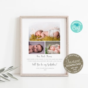 Recuerdo personalizado con la propuesta "¿Quieres ser mi padrino?" / Para imprimir en casa / Editar e imprimir en casa / 8 x 10 / Editar con Corjl / BA01