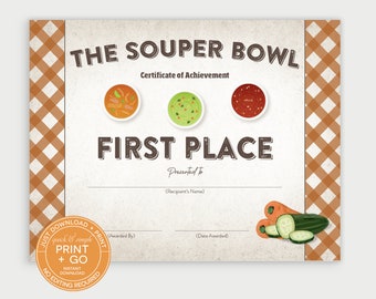 Printable Souper Bowl Award Winner Certificate, First Place Prize Winner Award, Soup Competition, Soup Contest Award Certificate