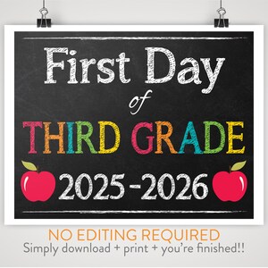 DIY Printable First Day of Third Grade Sign | Chalkboard Background |  Print-at-Home Instant Download, No Editing Required