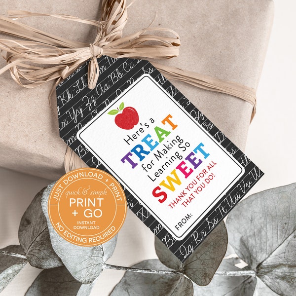 Printable Teacher Thank You Gift Tag, Treat for Making Learning So Sweet,  School Gift Tag, Simple & Easy to Download + Print, Treat Bag Tag