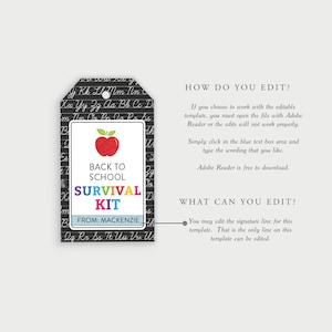 Printable Back to School Survival Kit Gift Tag, School Tag, First Day ...