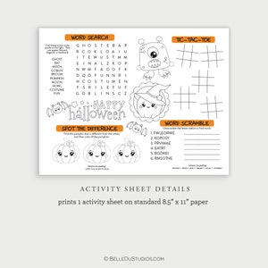 May include: Black and white printable Halloween activity sheet with a word search, tic-tac-toe, word scramble, and spot the difference game. The sheet features a cute pumpkin with a witch's hat and a monster with one eye.