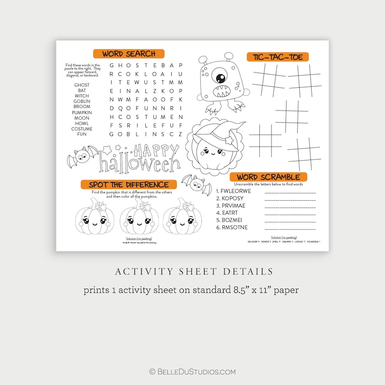 May include: Black and white printable Halloween activity sheet with a word search, tic-tac-toe, word scramble, and spot the difference game. The sheet features a cute pumpkin with a witch's hat and a monster with one eye.