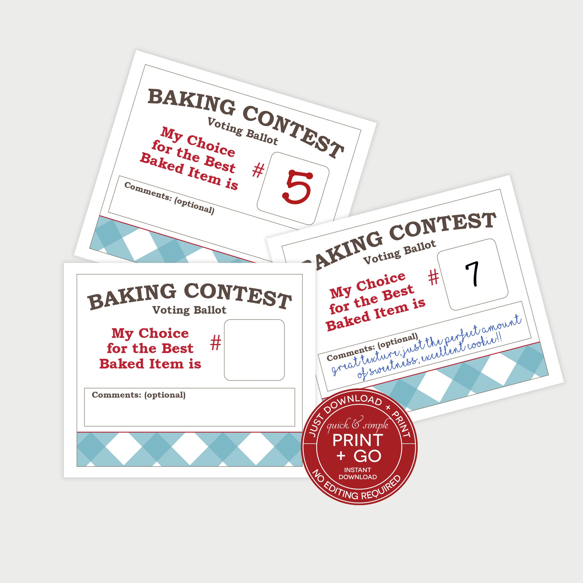 Printable Baking Contest Easy Ballots, Voting Ballot Cards, Bake-Off Competition Ranking Card, NO EDITING Required, Just Download & Print