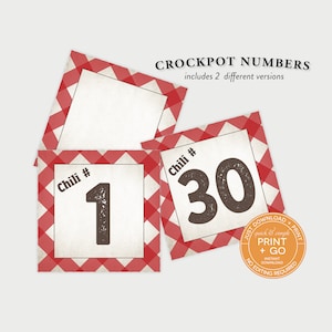 Cartes numériques imprimables de la mijoteuse au chili, cartes d'identification de compétition au chili Cook Off, aucune modification requise, il suffit de télécharger et d'imprimer