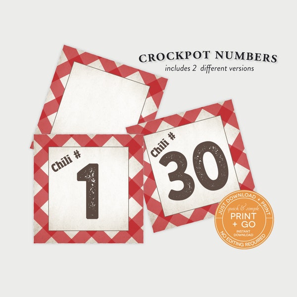 Printable Chili Cook-Off Crockpot Number Cards, Chili Cook Off Competition Identification Cards, NO EDITING Required, Just Download & Print