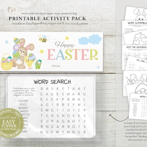 May include: Printable Easter activity pack with a bunny and egg design. Includes a bag topper and 8 mini activity sheets: word search, word scramble, spot the difference, and tic-tac-toe.