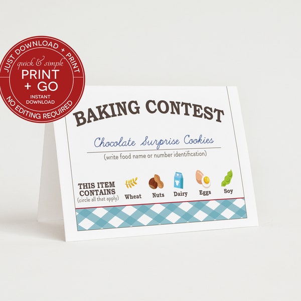 Printable Baking Contest Table Cards, Bake Off Competition, Dessert Table Identification Card, NO EDITING Required, Just Download & Print