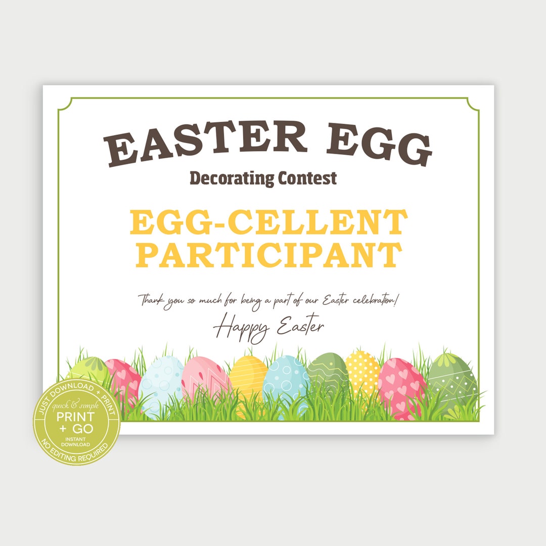 Printable Easter Egg Decorating Contest Award Certificate, Eggcellent Participant, Easter Print