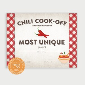 May include: A red and white checkered background with a certificate for "Most Unique" in a chili cook-off. The certificate has a red chili pepper graphic and the text "Chili Cook-Off Certificate of Achievement".