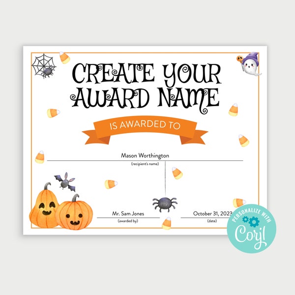 Printable Halloween Pumpkin Carving Award Certificate, Editable Award, Best Pumpkin Award, Halloween Pumpkin Carving Contest