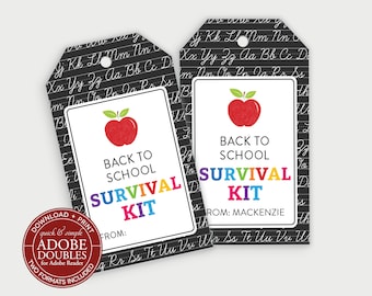 Printable Back to School Survival Kit Gift Tag, School Tag, First Day of School, Treat Bag Tag, Teacher Gift Tag, Editable Name